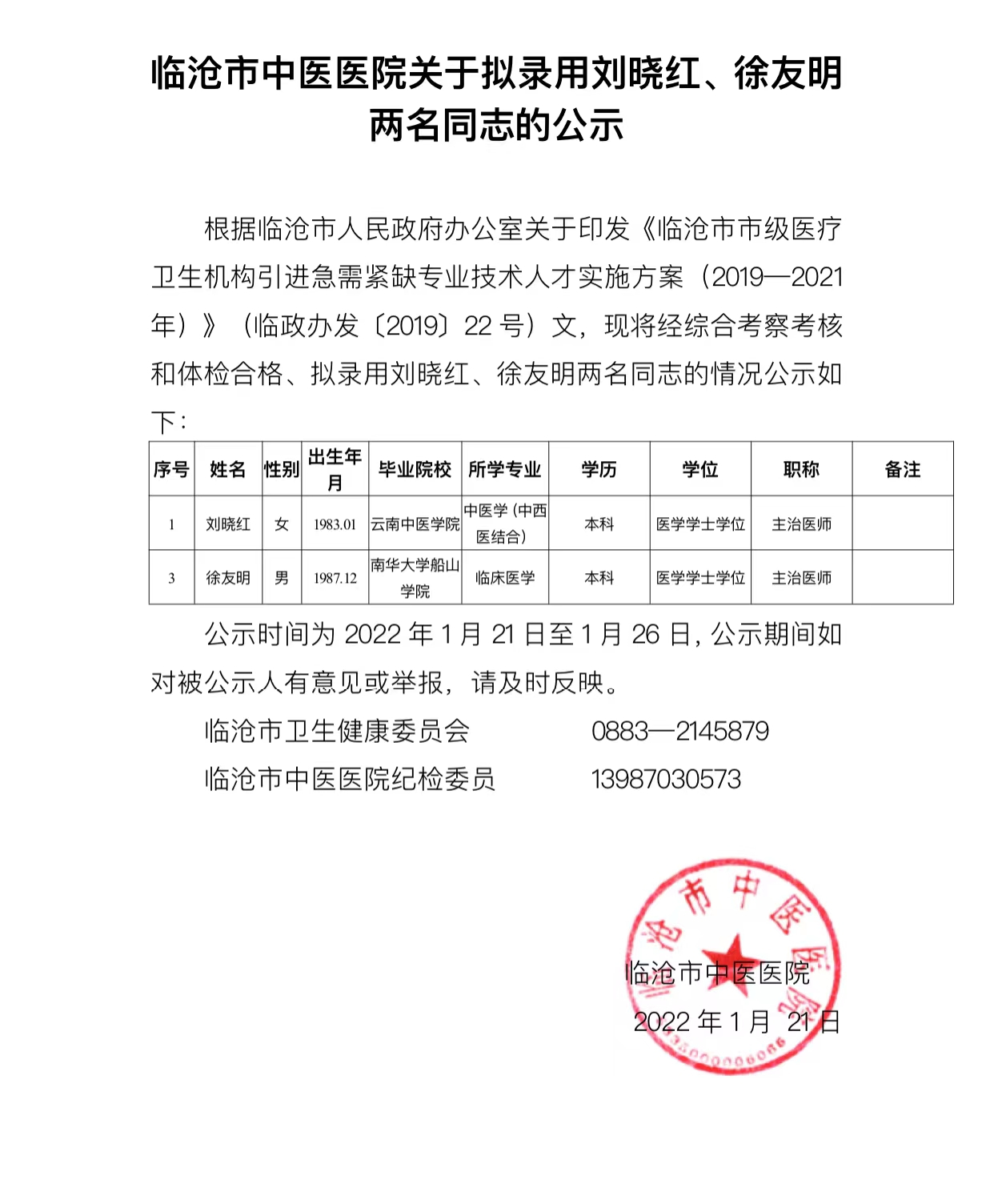 關(guān)于擬錄用劉曉紅、徐友明兩名同志的公示